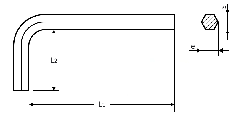 Plano técnico detallado de una llave Allen hexagonal con medidas
